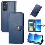 For OPPO Reno6 5G Solid Color Leather Buckle Phone Case with Lanyard & Photo Frame & Card Slot & Wallet & Stand Function(Blue)