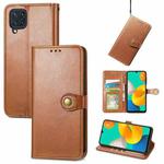 For Samsung Galaxy M32 Solid Color Leather Buckle Phone Case with Lanyard & Photo Frame & Card Slot & Wallet & Stand Function(Brown)