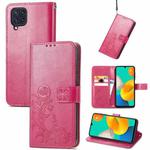 For Samsung Galaxy M32 Four-leaf Clasp Embossed Buckle Mobile Phone Protection Leather Case with Lanyard & Card Slot & Wallet & Bracket Function(Magenta)