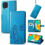 For Samsung Galaxy M32 Four-leaf Clasp Embossed Buckle Mobile Phone Protection Leather Case with Lanyard & Card Slot & Wallet & Bracket Function(Blue)
