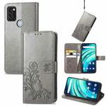 For UMIDIGI A9 Pro Four-leaf Clasp Embossed Buckle Mobile Phone Protection Leather Case with Lanyard & Card Slot & Wallet & Bracket Function(Gray)