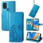 For UMIDIGI A9 Four-leaf Clasp Embossed Buckle Mobile Phone Protection Leather Case with Lanyard & Card Slot & Wallet & Bracket Function(Blue)
