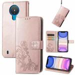 For Nokia 1.4 Four-leaf Clasp Embossed Buckle Mobile Phone Protection Leather Case with Lanyard & Card Slot & Wallet & Bracket Function(Rose Gold)