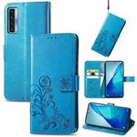 For TCL 20 S Four-leaf Clasp Embossed Buckle Mobile Phone Protection Leather Case with Lanyard & Card Slot & Wallet & Bracket Function(Blue)