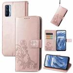For OPPO Realme V15 5G Four-leaf Clasp Embossed Buckle Mobile Phone Protection Leather Case with Lanyard & Card Slot & Wallet & Bracket Function(Rose Gold)