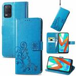 For OPPO Realme V13 Four-leaf Clasp Embossed Buckle Mobile Phone Protection Leather Case with Lanyard & Card Slot & Wallet & Bracket Function(Blue)
