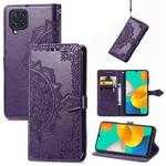 For Samsung Galaxy M32 Mandala Flower Embossed Horizontal Flip Leather Case with Holder & Three Card Slots & Wallet & Lanyard(Purple)