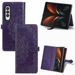 For Samsung Galaxy Z Fold3 Mandala Flower Embossed Horizontal Flip Leather Case with Holder & Three Card Slots & Wallet & Lanyard(Purple)