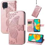 For Samsung Galaxy M32 Butterfly Love Flowers Embossed Horizontal Flip Leather Case with Holder & Card Slots & Wallet & Lanyard(Rose Gold)