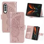 For Samsung Galaxy Z Fold3 Butterfly Love Flowers Embossed Horizontal Flip Leather Case with Holder & Card Slots & Wallet & Lanyard(Rose Gold)