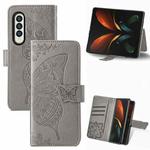 For Samsung Galaxy Z Fold3 Butterfly Love Flowers Embossed Horizontal Flip Leather Case with Holder & Card Slots & Wallet & Lanyard(Gray)