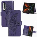 For Samsung Galaxy Z Fold3 Butterfly Love Flowers Embossed Horizontal Flip Leather Case with Holder & Card Slots & Wallet & Lanyard(Dark Purple)
