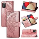 For Samsung Galaxy A03s 164mm Butterfly Love Flowers Embossed Horizontal Flip Leather Case with Holder & Card Slots & Wallet & Lanyard(Rose Gold)