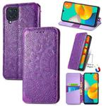 For Galaxy A22 4G Blooming Mandala Embossed Pattern Magnetic Horizontal Flip Leather Case with Holder & Card Slots & Wallet(Purple)