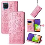 For Galaxy A22 4G Cute Cat and Dog Embossed Horizontal Flip Leather Case with Holder & Card Slots & Wallet & Lanyard(Pink)
