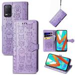 For OPPO Realme V15 5G Cute Cat and Dog Embossed Horizontal Flip Leather Case with Holder & Card Slots & Wallet & Lanyard(Purple)
