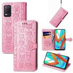 For OPPO Realme V13 Cute Cat and Dog Embossed Horizontal Flip Leather Case with Holder & Card Slots & Wallet & Lanyard(Pink)