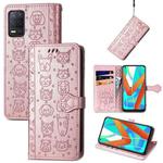 For OPPO Realme V13 Cute Cat and Dog Embossed Horizontal Flip Leather Case with Holder & Card Slots & Wallet & Lanyard(Rose Gold)