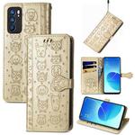 For OPPO Reno6 5G Cute Cat and Dog Embossed Horizontal Flip Leather Case with Holder & Card Slots & Wallet & Lanyard(Gold)