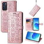 For OPPO Reno6 5G Cute Cat and Dog Embossed Horizontal Flip Leather Case with Holder & Card Slots & Wallet & Lanyard(Rose Gold)