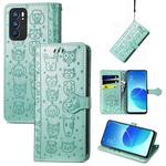 For OPPO Reno6 5G Cute Cat and Dog Embossed Horizontal Flip Leather Case with Holder & Card Slots & Wallet & Lanyard(Green)