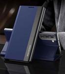 For Samsung Galaxy S21 5G Side Electroplated Magnetic Ultra-Thin Horizontal Flip Leather Case with Holder(Dark Blue)