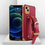 For iPhone 13 Pro Max Electroplated TPU Crocodile Pattern Leather Case with Wrist Strap (Red)