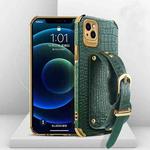 For iPhone 13 Pro Electroplated TPU Crocodile Pattern Leather Case with Wrist Strap (Green)