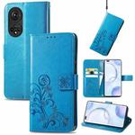 For Honor 50 Pro Four-leaf Clasp Embossed Buckle Mobile Phone Protection Leather Case with Lanyard & Card Slot & Wallet & Bracket Function(Blue)