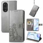 For Honor 50 Four-leaf Clasp Embossed Buckle Mobile Phone Protection Leather Case with Lanyard & Card Slot & Wallet & Bracket Function(Gray)