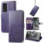 For Honor V40 5G Four-leaf Clasp Embossed Buckle Mobile Phone Protection Leather Case with Lanyard & Card Slot & Wallet & Bracket Function(Purple)