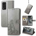 For Honor V40 5G Four-leaf Clasp Embossed Buckle Mobile Phone Protection Leather Case with Lanyard & Card Slot & Wallet & Bracket Function(Gray)