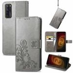 For ZTE AXON 20 5G Four-leaf Clasp Embossed Buckle Mobile Phone Protection Leather Case with Lanyard & Card Slot & Wallet & Bracket Function(Gray)