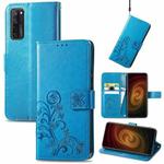 For ZTE AXON 20 5G Four-leaf Clasp Embossed Buckle Mobile Phone Protection Leather Case with Lanyard & Card Slot & Wallet & Bracket Function(Blue)