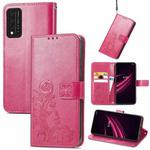For T-Mobile REVVL V+ 5G Four-leaf Clasp Embossed Buckle Mobile Phone Protection Leather Case with Lanyard & Card Slot & Wallet & Bracket Function(Magenta)