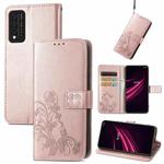 For T-Mobile REVVL V+ 5G Four-leaf Clasp Embossed Buckle Mobile Phone Protection Leather Case with Lanyard & Card Slot & Wallet & Bracket Function(Rose Gold)