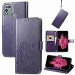 For INFINIX Hot 10 Play Four-leaf Clasp Embossed Buckle Mobile Phone Protection Leather Case with Lanyard & Card Slot & Wallet & Bracket Function(Purple)