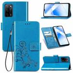 For OPPO A55 5G Four-leaf Clasp Embossed Buckle Mobile Phone Protection Leather Case with Lanyard & Card Slot & Wallet & Bracket Function(Blue)