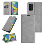 For Samsung Galaxy F52 5G Retro-skin Business Magnetic Suction Leather Case with Holder & Card Slots & Wallet(Grey)