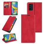 For Samsung Galaxy F52 5G Retro-skin Business Magnetic Suction Leather Case with Holder & Card Slots & Wallet(Red)