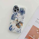 For iPhone 12 Pro Max Frosted Flowers Pattern IMD TPU Case with Metal Diamond Ring Holder(Blue)