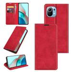 For Xiaomi Mi 11 Lite Retro-skin Business Magnetic Suction Leather Case with Holder & Card Slots & Wallet(Red)