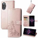 For Xiaomi Redmi K40 Gaming /Poco F3 GT Four-leaf Clasp Embossed Buckle Mobile Phone Protection Leather Case with Lanyard & Card Slot & Wallet & Bracket Function(Rose Gold)