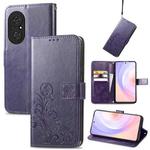 For Honor 50 SE Four-leaf Clasp Embossed Buckle Mobile Phone Protection Leather Case with Lanyard & Card Slot & Wallet & Bracket Function(Purple)