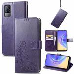 For vivo V21e 4G Four-leaf Clasp Embossed Buckle Mobile Phone Protection Leather Case with Lanyard & Card Slot & Wallet & Bracket Function(Purple)