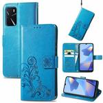For OPPO A16 Four-leaf Clasp Embossed Buckle Leather Phone Case(Blue)