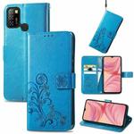 For Infinix Hot 10 Lite Four-leaf Clasp Embossed Buckle Mobile Phone Protection Leather Case with Lanyard & Card Slot & Wallet & Bracket Function(Blue)