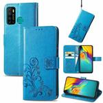 For Infinix Hot 9 Four-leaf Clasp Embossed Buckle Mobile Phone Protection Leather Case with Lanyard & Card Slot & Wallet & Bracket Function(Blue)