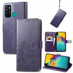 For Infinix Hot 9 Four-leaf Clasp Embossed Buckle Mobile Phone Protection Leather Case with Lanyard & Card Slot & Wallet & Bracket Function(Purple)