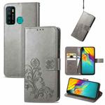 For Infinix Hot 9 Four-leaf Clasp Embossed Buckle Mobile Phone Protection Leather Case with Lanyard & Card Slot & Wallet & Bracket Function(Gray)